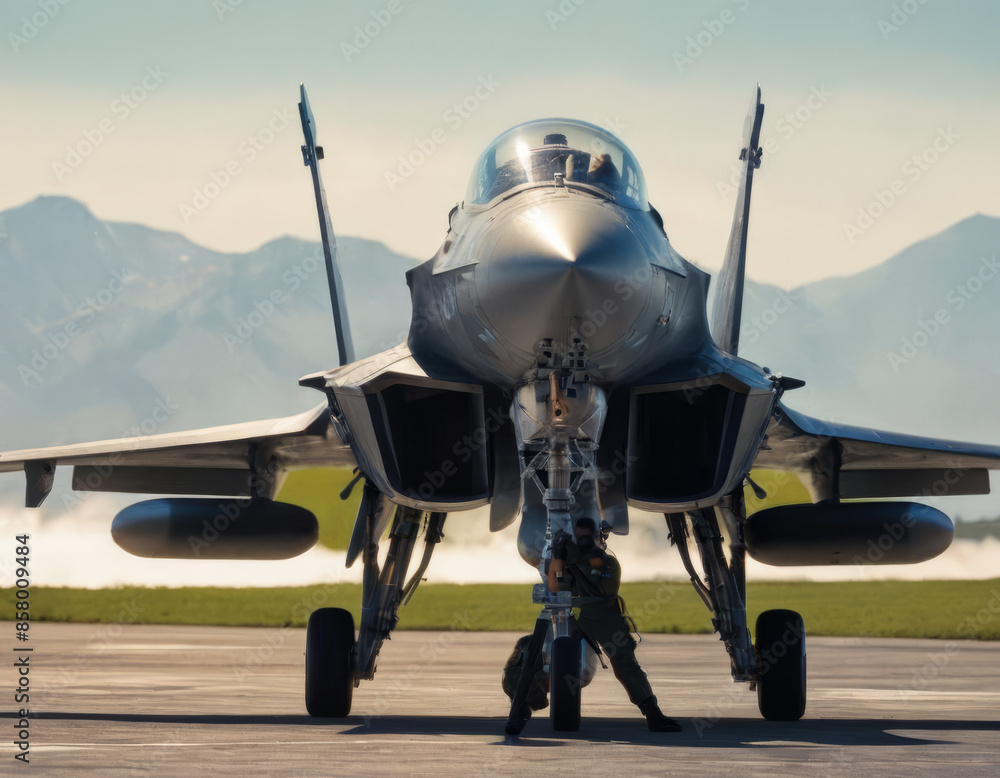 Fototapeta premium Un aereo militare fermo sulla pista, con il cielo azzurro e nuvole bianche. 