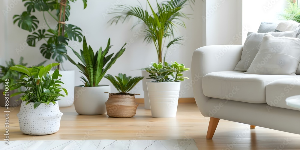Fototapeta premium Gorgeous living room decorated with an assortment of potted plants. Concept Home Decor, Potted Plants, Indoor Greenery, Stylish Living Room, Nature-Inspired Design