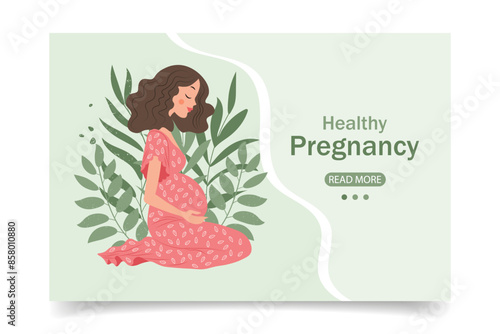 Banner with beautiful pregnant woman, healthy pregnancy and motherhood concept. Illustration, vector