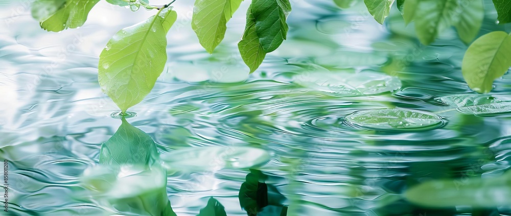 Eye-level view, emerald green leaves gently floating on a mirror-like ...