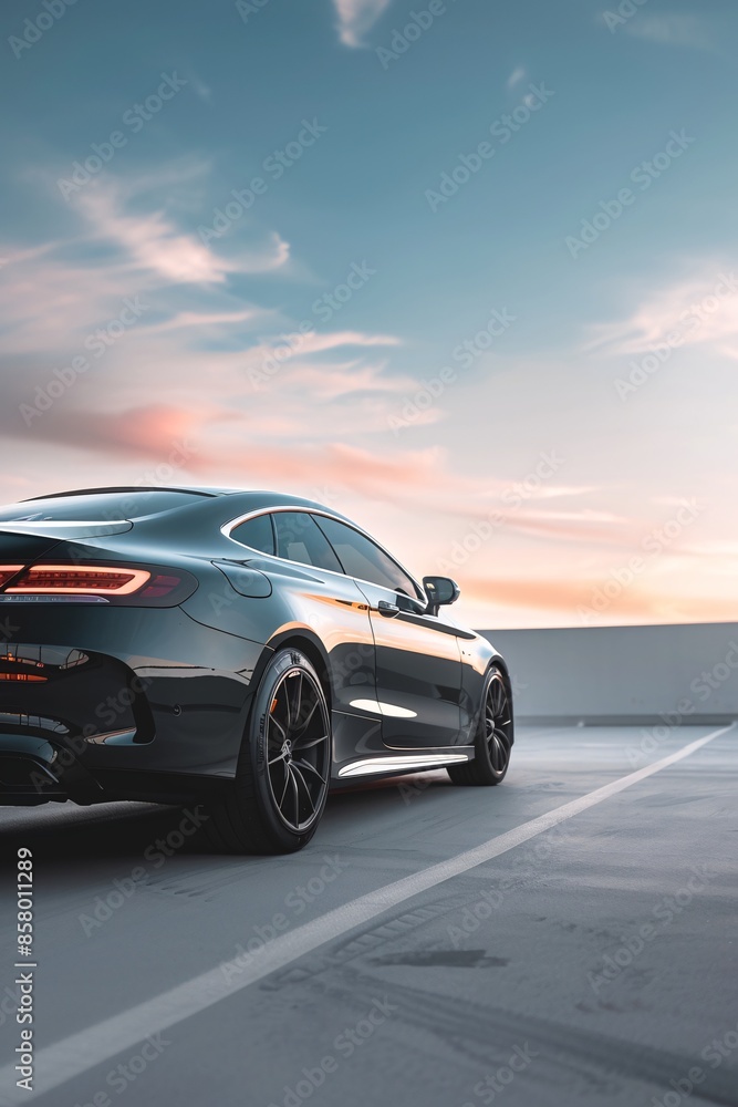 Sleek Sport Car in Rooftop Parking Lot at Sunset with Beautiful Sky Sleek Sport Car in Rooftop Parking Lot at Sunset with Beautiful Sky