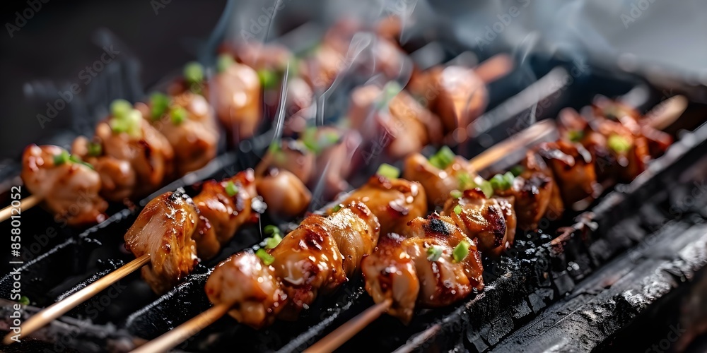 Japanese Barbecue Yakitori Chicken Skewers grilled over Charcoal. Concept Japanese Cuisine, Yakitori Chicken, Barbecue, Grilled Skewers, Charcoal Grilling Japanese Barbecue Yakitori Chicken Skewers grilled over Charcoal. Concept Japanese Cuisine, Yakitori Chicken, Barbecue, Grilled Skewers, Charcoal Grilling