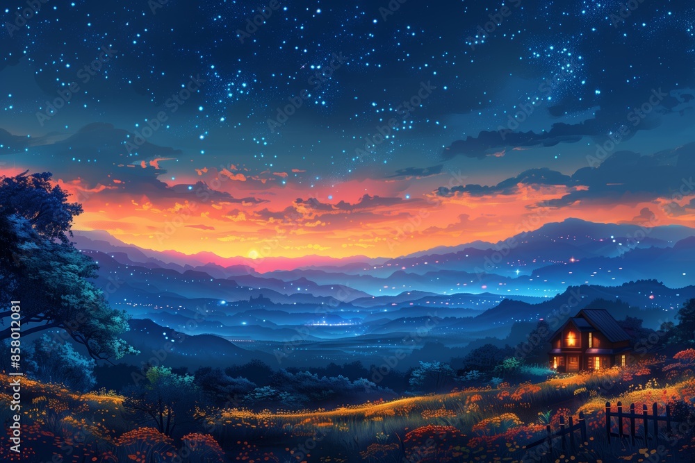 Mountain Valley Sunset With Starry Night Sky and Distant House Mountain Valley Sunset With Starry Night Sky and Distant House