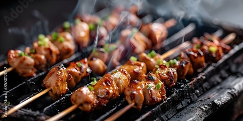 Wallpaper Mural Japanese Barbecue Yakitori Chicken Skewers grilled over Charcoal. Concept Japanese Cuisine, Yakitori Chicken, Barbecue, Grilled Skewers, Charcoal Grilling Torontodigital.ca