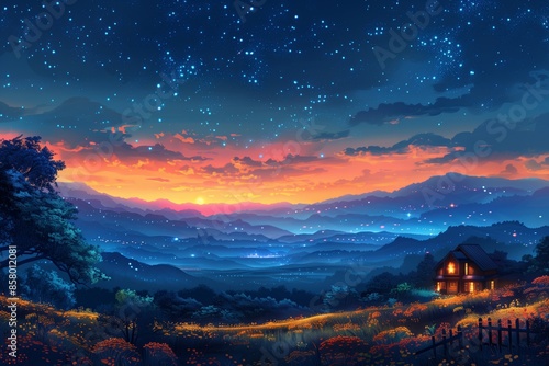 Mountain Valley Sunset With Starry Night Sky and Distant House