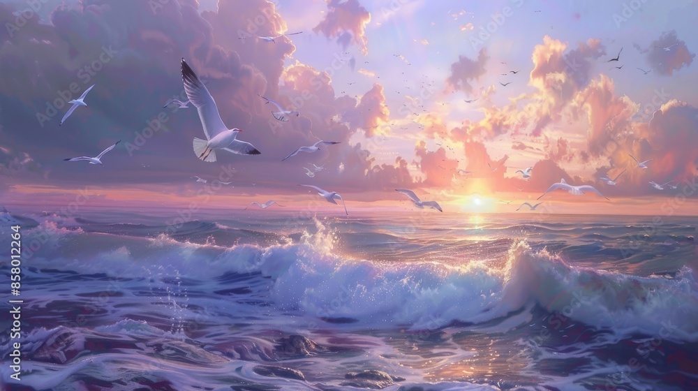 Seagulls Flying at Sunset Over Waves Seagulls Flying at Sunset Over Waves