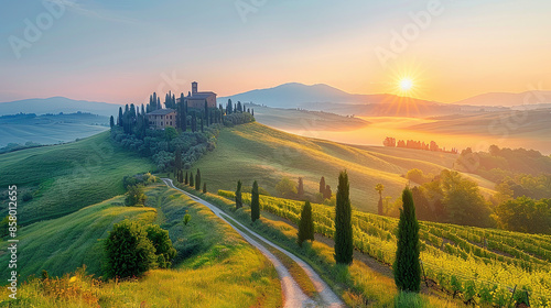 Landscape Tuscany, land rolling hills vineyards. Stunning sunset over rolling picturesque farmhouse