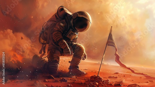 An astronaut kneels on the surface of Mars, with the American flag planted next to him.