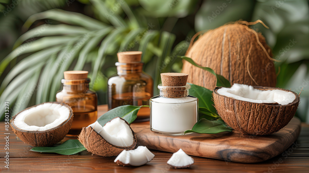 Coconut oil surrounded by whole halved coconuts along tropical leaves, concept handmade, copy space Coconut oil surrounded by whole halved coconuts along tropical leaves, concept handmade, copy space