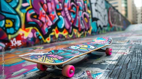 Vivid Skateboard in Urban Graffiti Alley with Neon Colors on City Streets