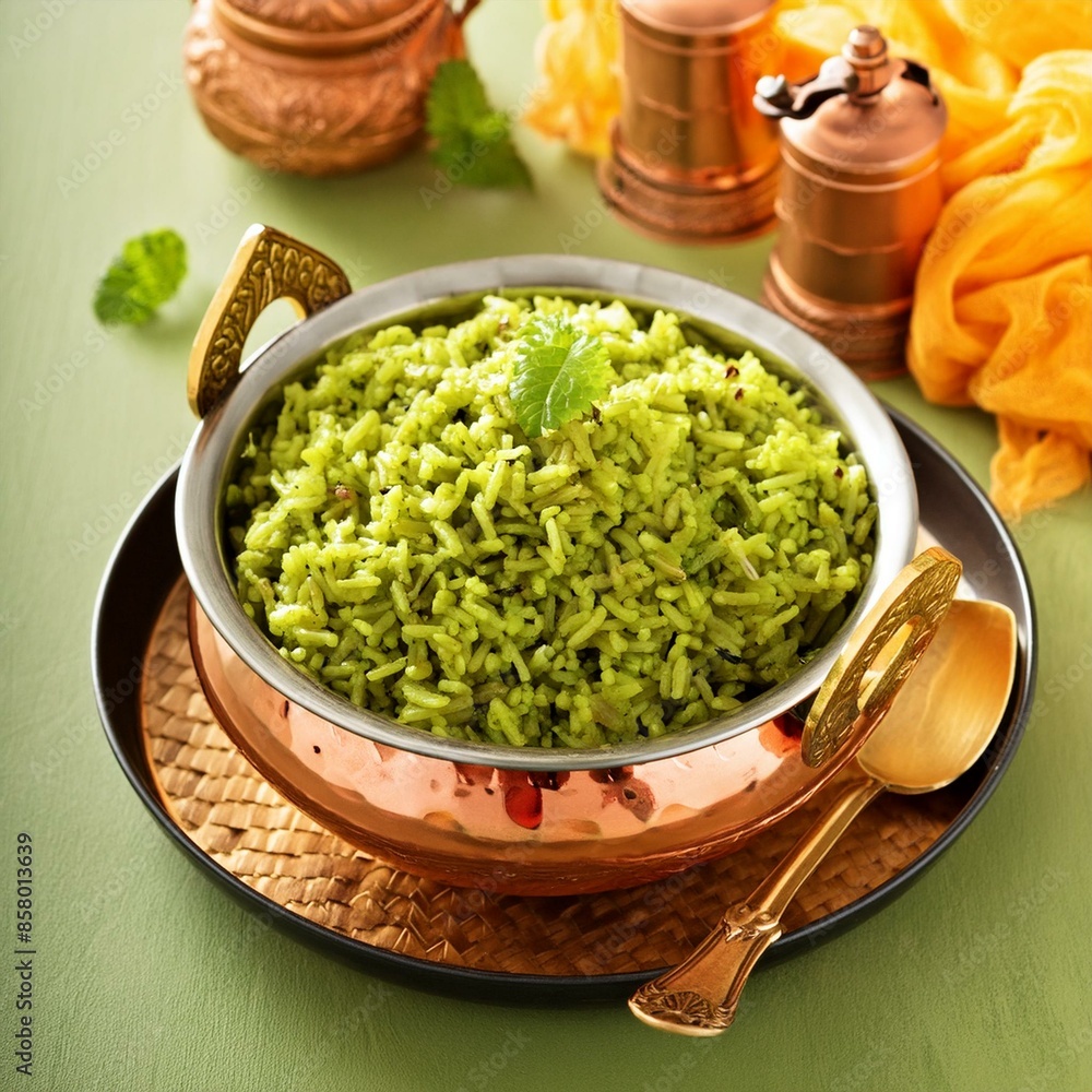 Indian cuisine food palak rice or spinach rice on green background Indian cuisine food palak rice or spinach rice on green background