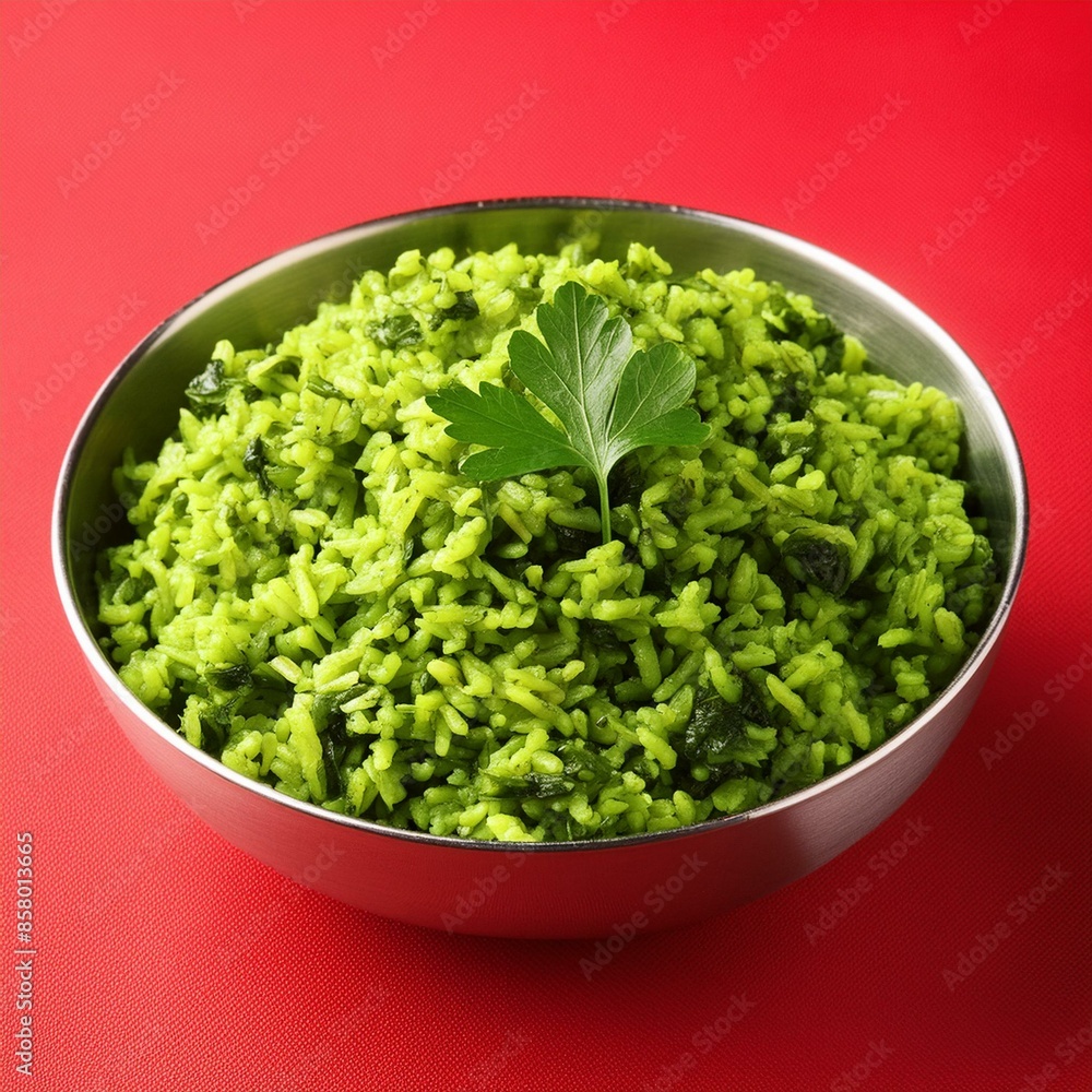 Indian cuisine food palak rice or spinach rice on red background Indian cuisine food palak rice or spinach rice on red background