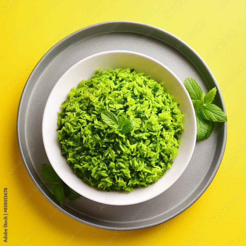 Indian cuisine food palak rice or spinach rice on yellow background Indian cuisine food palak rice or spinach rice on yellow background