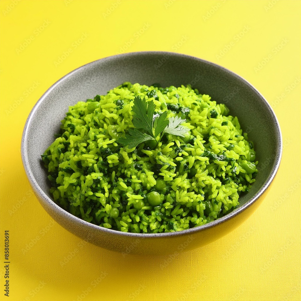 Indian cuisine food palak rice or spinach rice on yellow background Indian cuisine food palak rice or spinach rice on yellow background