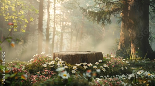 A rustic podium adorned with blooming flowers photo