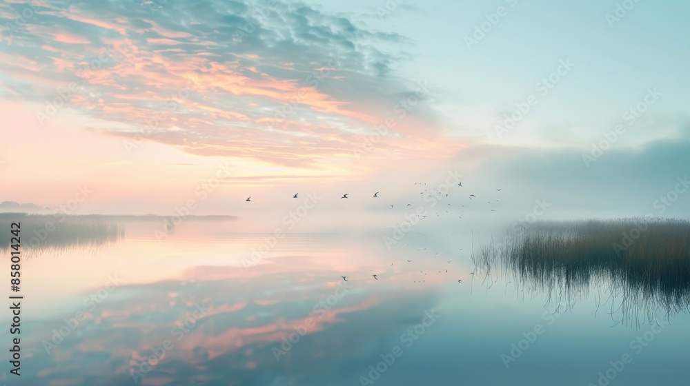A tranquil marshland at dawn, with mist rising from the water A tranquil marshland at dawn, with mist rising from the water