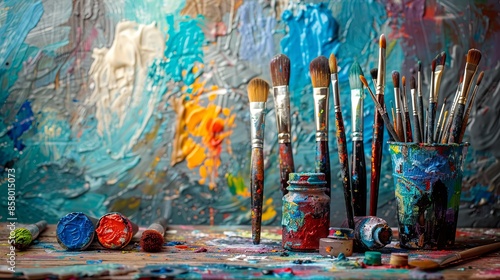 Artist's Workspace with Brushes and Paints, Colorful Art Studio © maniacvector