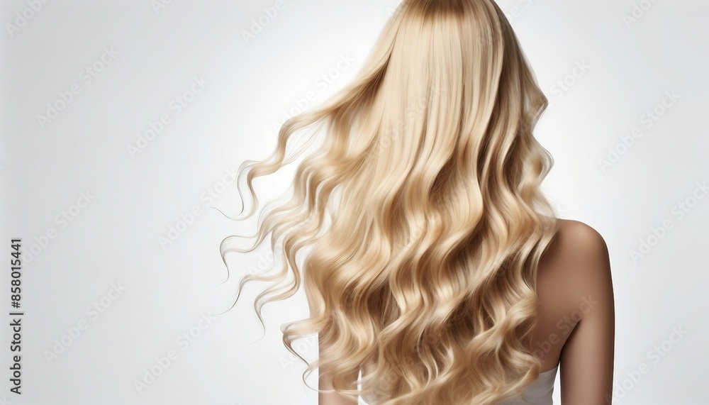 Naklejka premium long and wavy women's hair in blonde tones, back view, hair advertising shoot, isolated white background 