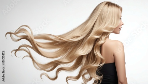 long and wavy women's hair in blonde tones, back view, hair advertising shoot, isolated white background
