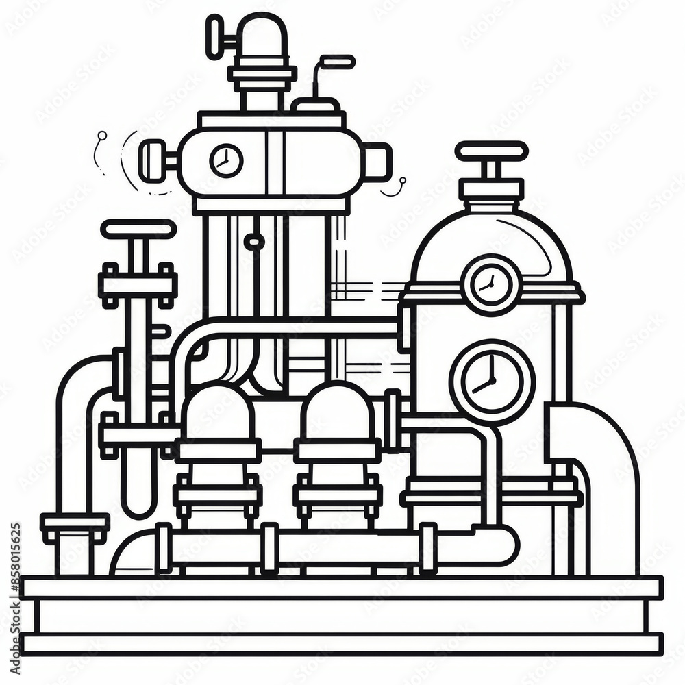 Illustration of a complex machinery system in line art style, suitable for industrial and engineering themes. Illustration of a complex machinery system in line art style, suitable for industrial and engineering themes.