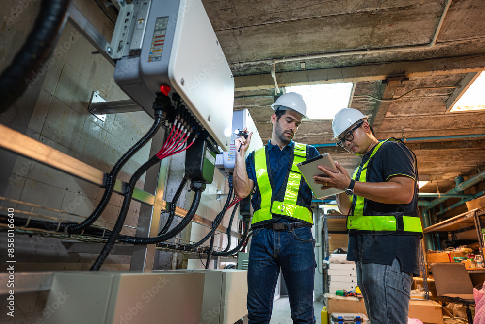 custom made wallpaper toronto digitalService Engineer use tablet working inspection installation inverter solar cell. Technician maintenance solar cells. Technology solar energy renewable.