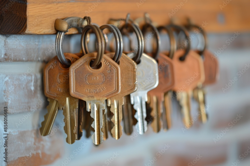 A row of keys hanging on a wall, some of which are gold and some are silver A row of keys hanging on a wall, some of which are gold and some are silver