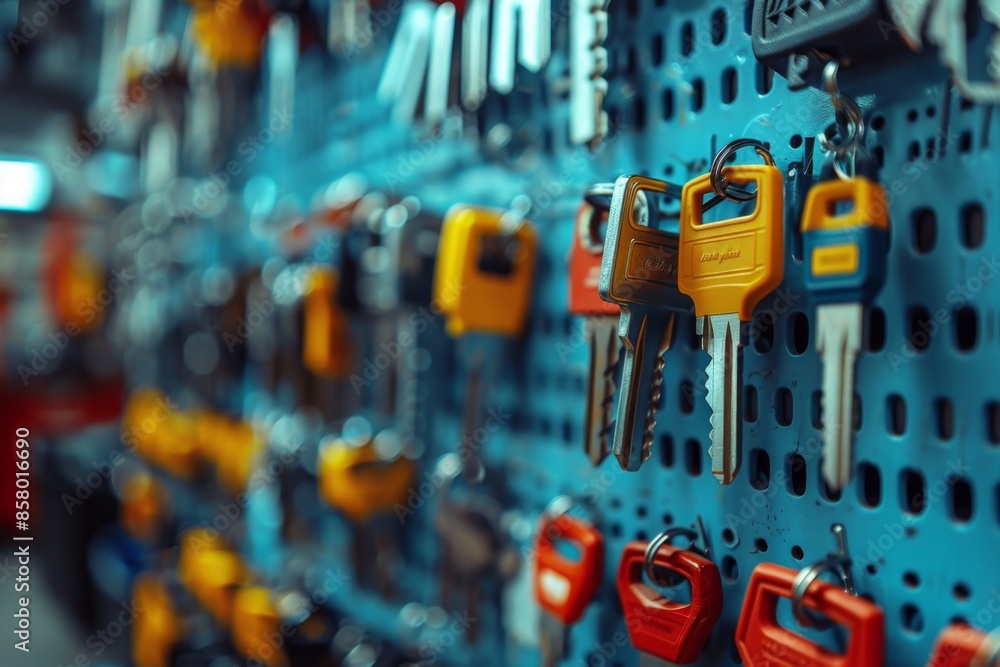 Fototapeta premium A blue wall with many keys hanging on it