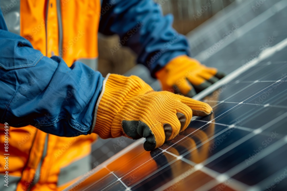 A man in orange gloves is working on a solar panel A man in orange gloves is working on a solar panel