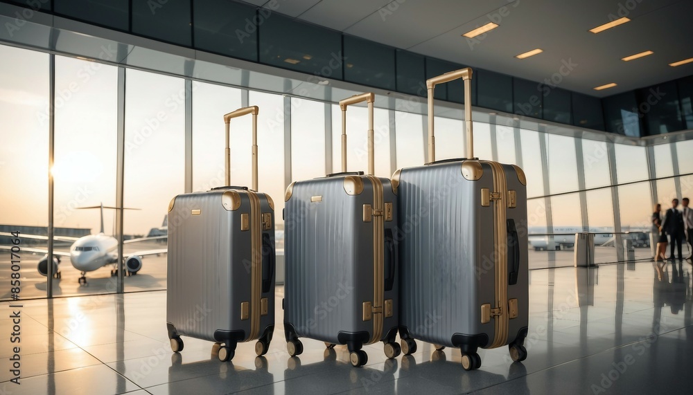 modern metallic grey color passenger suitcases on handle placed on floor against plane behind glass wall in airport
modern metallic grey color passenger suitcases on handle placed on floor against plane behind glass wall in airport