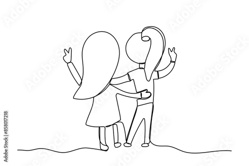 Two cute girls, friends or sisters, are hugging each other. One line doodle art