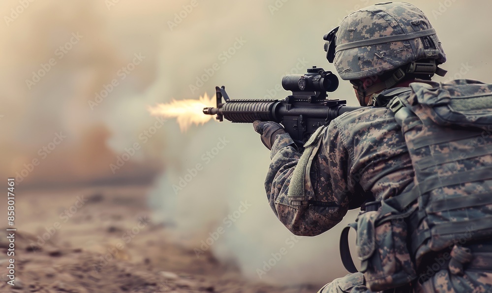 us marine shooting rifle from behind with blurred smoky background, camouflage uniform, and gun flames in dynamic action shot us marine shooting rifle from behind with blurred smoky background, camouflage uniform, and gun flames in dynamic action shot