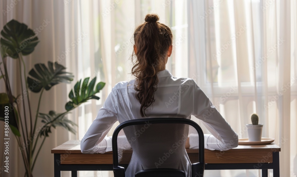 woman in white blouse with ponytail sitting at desk, seen from behind, with green plants and natural light creating a calm office atmosphere woman in white blouse with ponytail sitting at desk, seen from behind, with green plants and natural light creating a calm office atmosphere