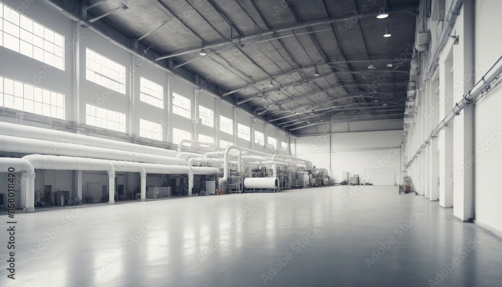 A wide shot of an empty factory hall with industrial air flow pipes and modern equipment
A wide shot of an empty factory hall with industrial air flow pipes and modern equipment