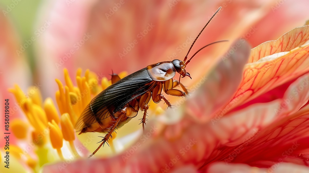 Fototapeta premium cockroach on panunculus flower