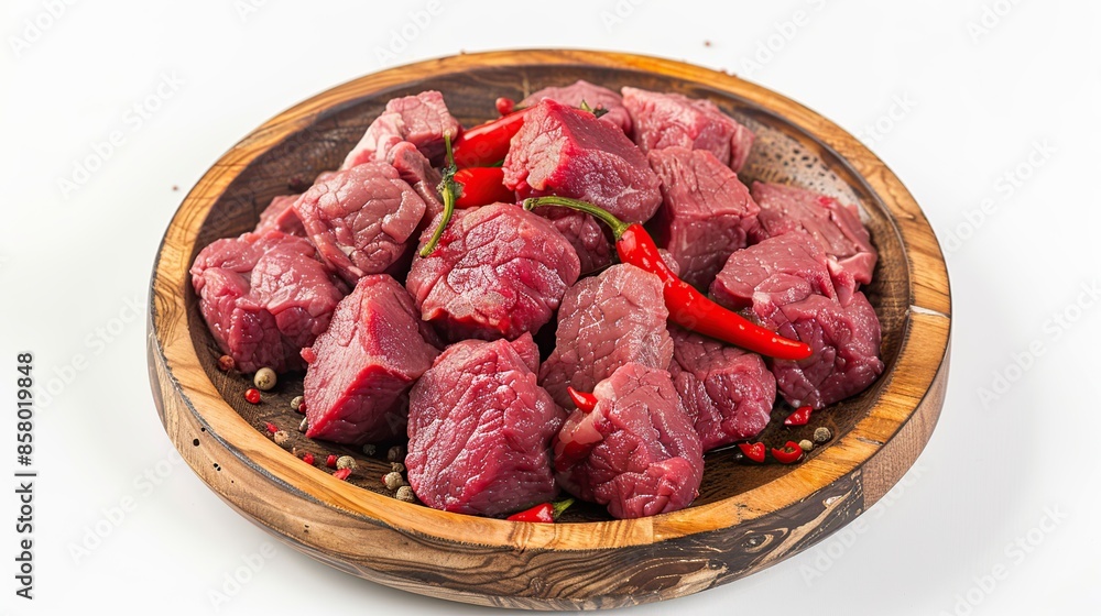 Raw Beef Cubes with Chili Peppers on Wooden Plate Raw Beef Cubes with Chili Peppers on Wooden Plate