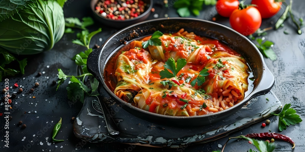 Classic Dish Cabbage Rolls with Meat and Rice in Tomato Sauce. Concept Cabbage Rolls, Comfort Food, European Cuisine, Stuffed Cabbage, Tomato Sauce Classic Dish Cabbage Rolls with Meat and Rice in Tomato Sauce. Concept Cabbage Rolls, Comfort Food, European Cuisine, Stuffed Cabbage, Tomato Sauce