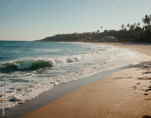 Una spiaggia caraibica con sabbia dorata, onde leggere e una fila di palme maestose.
 photo