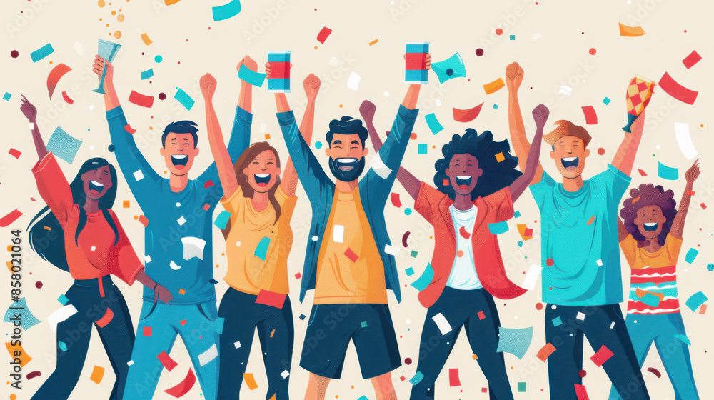 A diverse group of joyful people celebrating together, throwing confetti in the air, expressing happiness and unity. A diverse group of joyful people celebrating together, throwing confetti in the air, expressing happiness and unity.