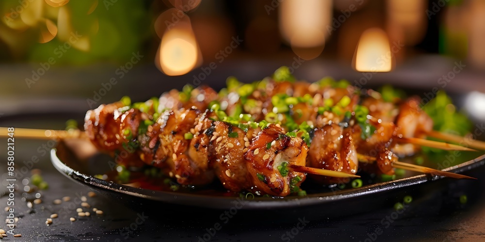 Capturing the Essence Japanese Chicken Yakitori in Professional Food Photography for Advertising. Concept Food Styling, Grilled Chicken Skewers, Japanese Cuisine, Marketing Strategies Capturing the Essence Japanese Chicken Yakitori in Professional Food Photography for Advertising. Concept Food Styling, Grilled Chicken Skewers, Japanese Cuisine, Marketing Strategies