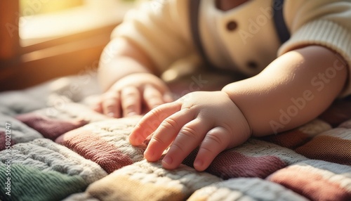Little Hand of a Baby on a Vintage Quilt in a Sunlit Room