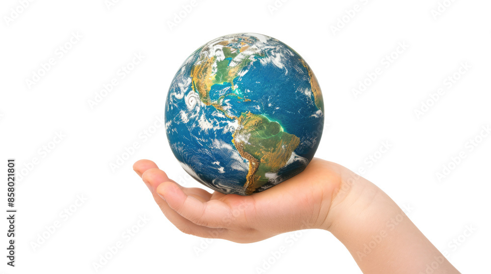 Photograph of a child's hand gently holding a globe, showcasing the Earth's continents and oceans in intricate detail, on a transparent background Photograph of a child's hand gently holding a globe, showcasing the Earth's continents and oceans in intricate detail, on a transparent background
