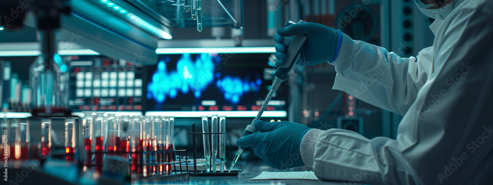 A scientist conducting research in a modern laboratory, meticulous hands handling a pipette and test tubes, a backdrop of high-tech equipment and digital displays A scientist conducting research in a modern laboratory, meticulous hands handling a pipette and test tubes, a backdrop of high-tech equipment and digital displays
