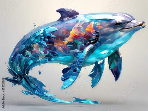 Generate a holographic representation of a dolphin pod, abstracted into dynamic geometric forms and patterns that convey their playful movements and aquatic grace.

 photo