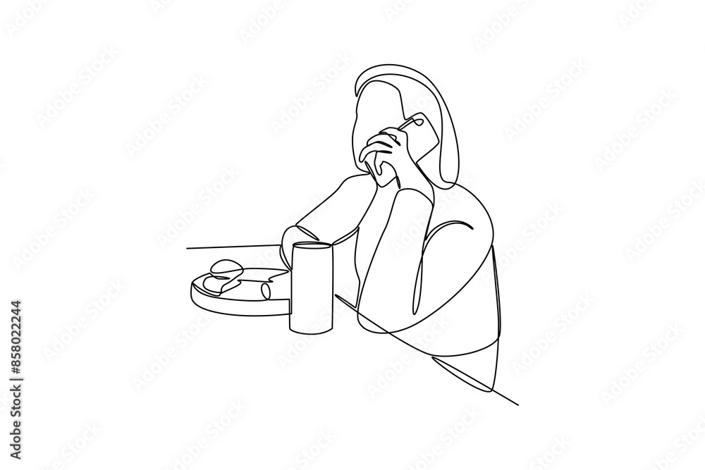 Continuous one line drawing people was having dinner while calling his friend. Family having meal around kitchen table together. Dinner minimalist concept. Single line draw design vector graphic illus Continuous one line drawing people was having dinner while calling his friend. Family having meal around kitchen table together. Dinner minimalist concept. Single line draw design vector graphic illus