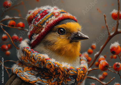 Close up of a Goldfinch in a Hat and Sweater on Neutral Background
 photo