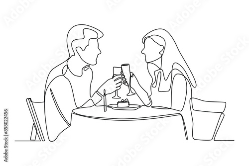 Continuous one line drawing A couple is having a romantic dinner at a restaurant. Family having meal around kitchen table together. Dinner minimalist concept. Single line draw design vector graphic il
