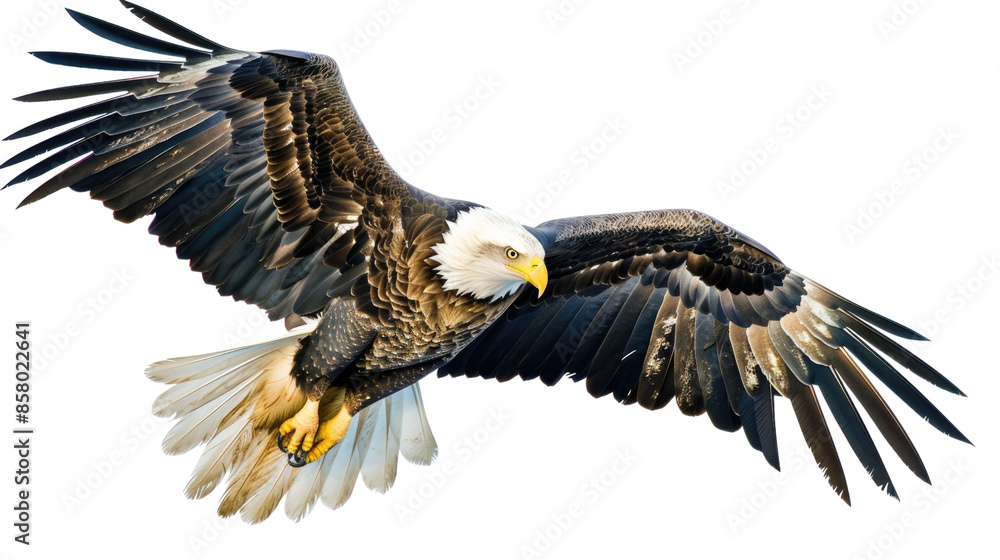 Naklejka premium Photograph of a majestic eagle soaring through a clear blue sky, with a transparent background.