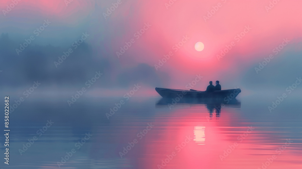 Couple in a rowboat on a misty lake with the sun rising, creating a tranquil and romantic atmosphere. Couple in a rowboat on a misty lake with the sun rising, creating a tranquil and romantic atmosphere.