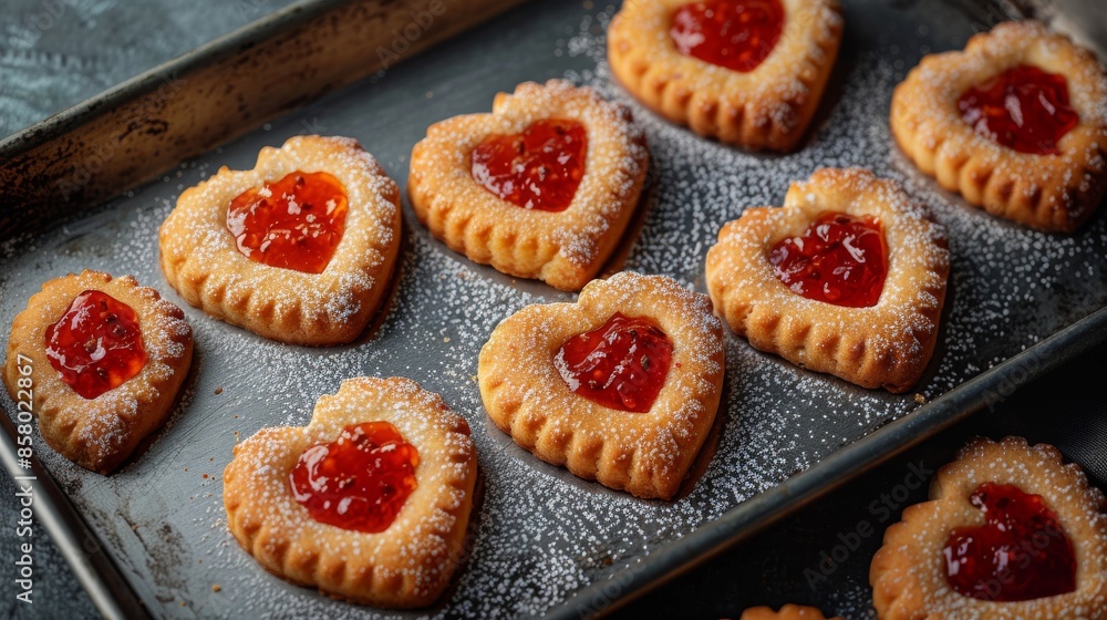 Freshly baked heart cookies topped with vibrant red jam placed on a baking tray, slightly powdered with sugar, showcasing a delightful and tasty homemade treat. Freshly baked heart cookies topped with vibrant red jam placed on a baking tray, slightly powdered with sugar, showcasing a delightful and tasty homemade treat.