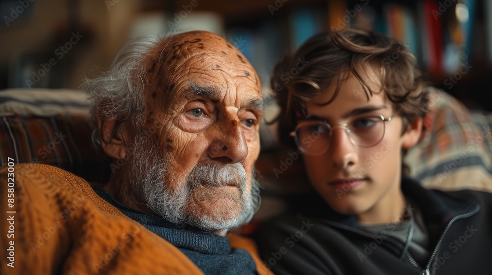 An elderly man with a lined face sits closely with a young boy, both of them engaged in an intimate moment inside a cozy, warmly lit home setting. An elderly man with a lined face sits closely with a young boy, both of them engaged in an intimate moment inside a cozy, warmly lit home setting.